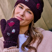 Theres Deep Plum Hand Knit Beanie Hat, Mittens and Fingerless Armwarmers By Many Hands