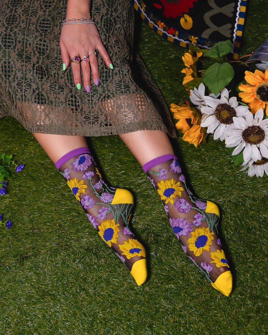 Mixed Sunflowers Black Sheer Crew Sock Robin Boutique
