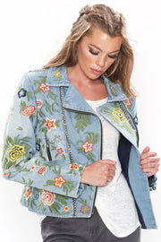 Lucinda Embroidered Denim Motorcycle Jacket by Aratta - Robin Boutique