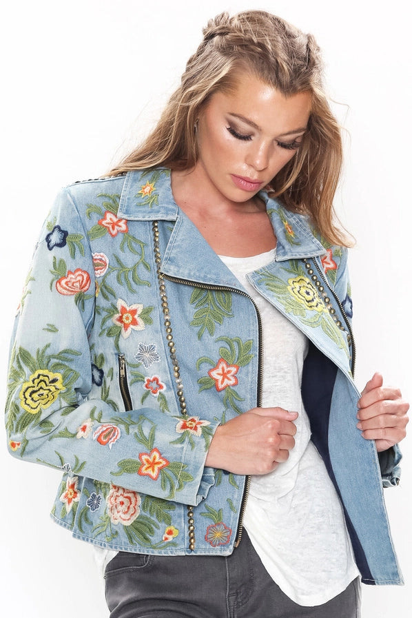 Lucinda Embroidered Denim Motorcycle Jacket by Aratta - Robin Boutique
