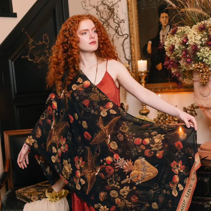 Heart of Gold Scarf with Swallows & Sacred Heart by Market of Stars Robin Boutique