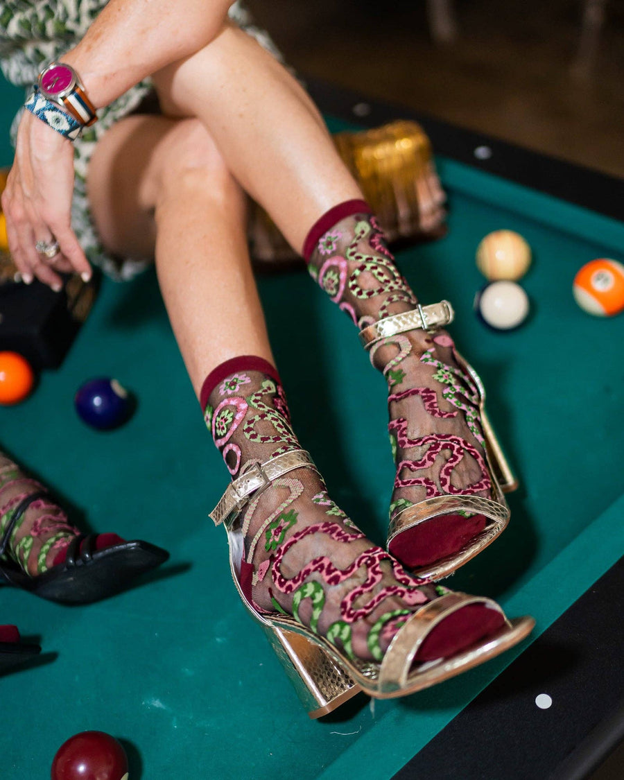 Serpentine Floral Black Sheer Crew Sock Robin Boutique