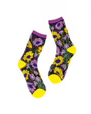 Mixed Sunflowers Black Sheer Crew Sock Robin Boutique