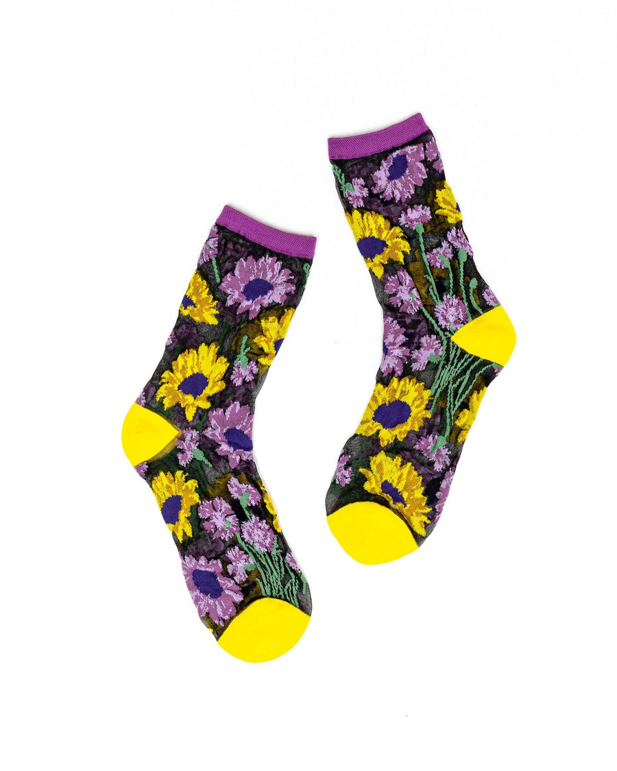 Mixed Sunflowers Black Sheer Crew Sock Robin Boutique