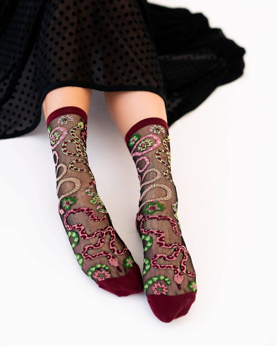 Serpentine Floral Black Sheer Crew Sock Robin Boutique
