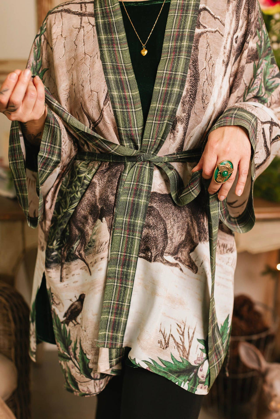 Winter Wish Christmas Plaid Bamboo Kimono Cardigan with Belt