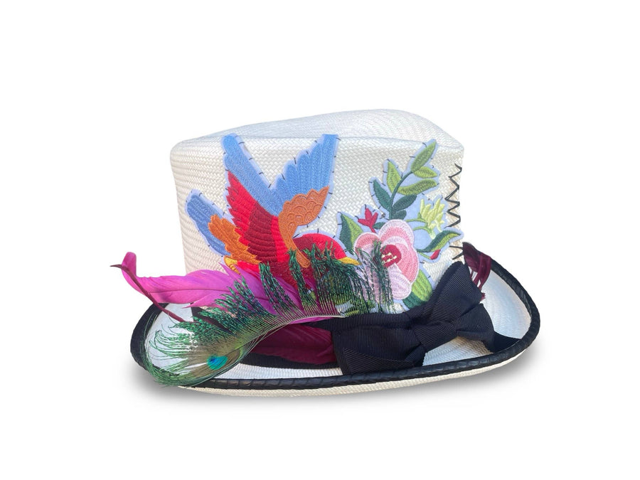 Meadow - Signature Pinch Front Top Hat with feather and bird detail Robin Boutique