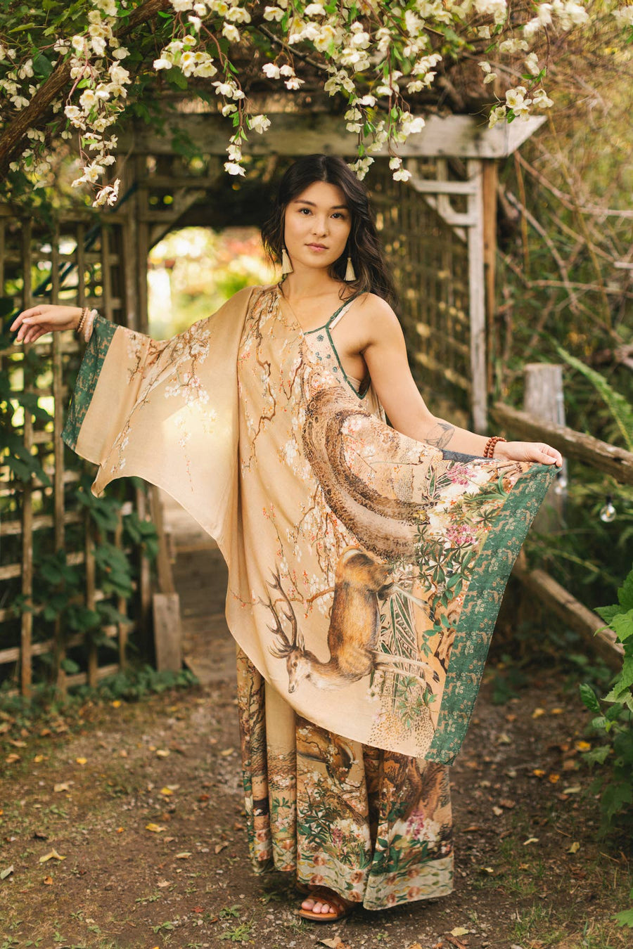 Fable Bohemian Floral Bamboo Scarf with Deer & Moon