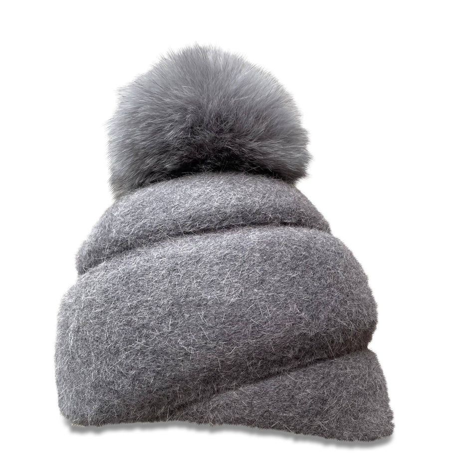 Turban Cap with Fox Pom Pom