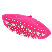 Pearl Rhinestone Embellished Wool Blend Beret Hat