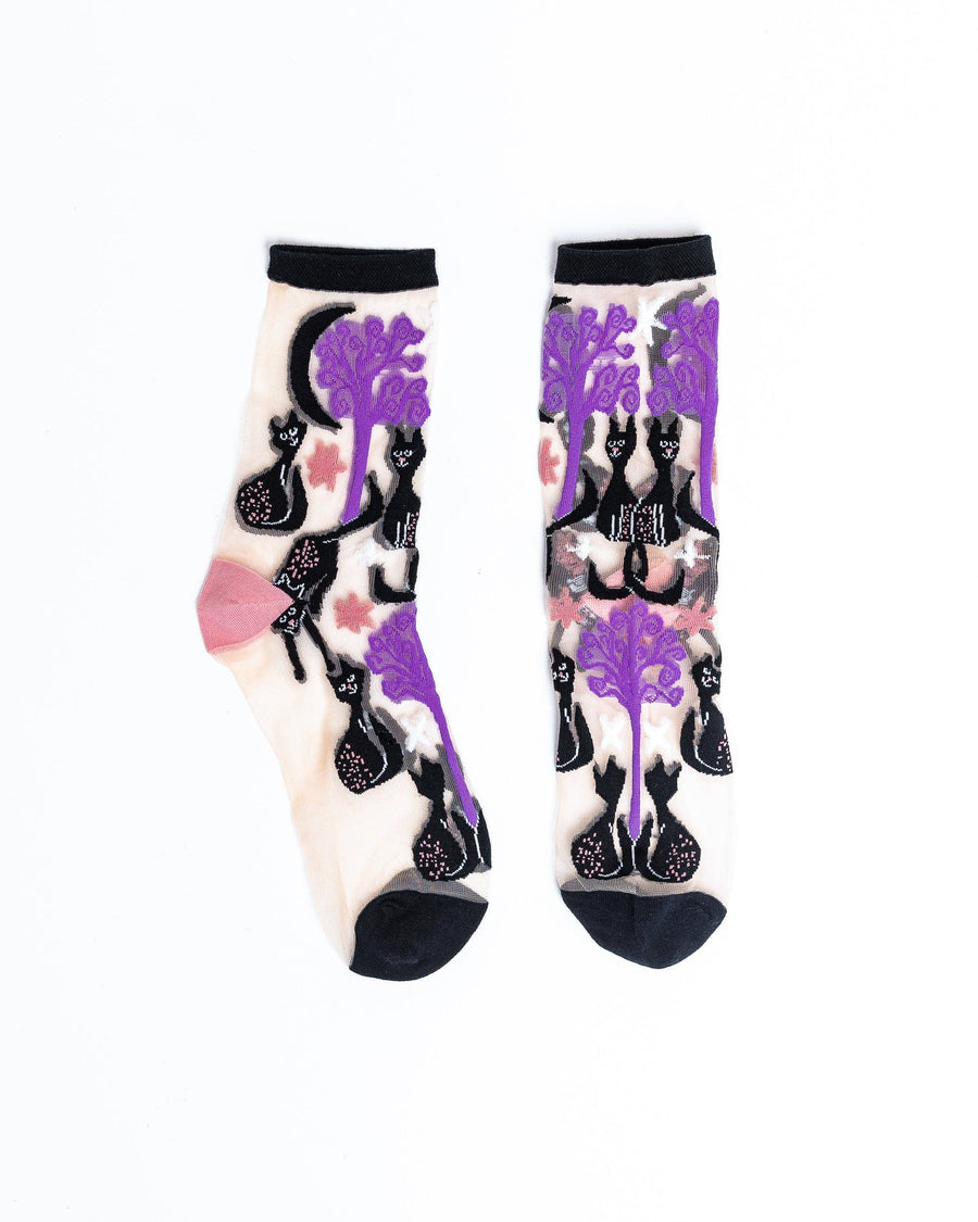 Nocturnal Cats Sheer Crew Sock  Robin Boutique