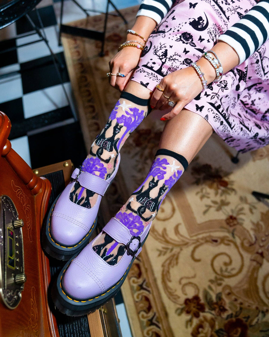 Nocturnal Cats Sheer Crew Sock  Robin Boutique