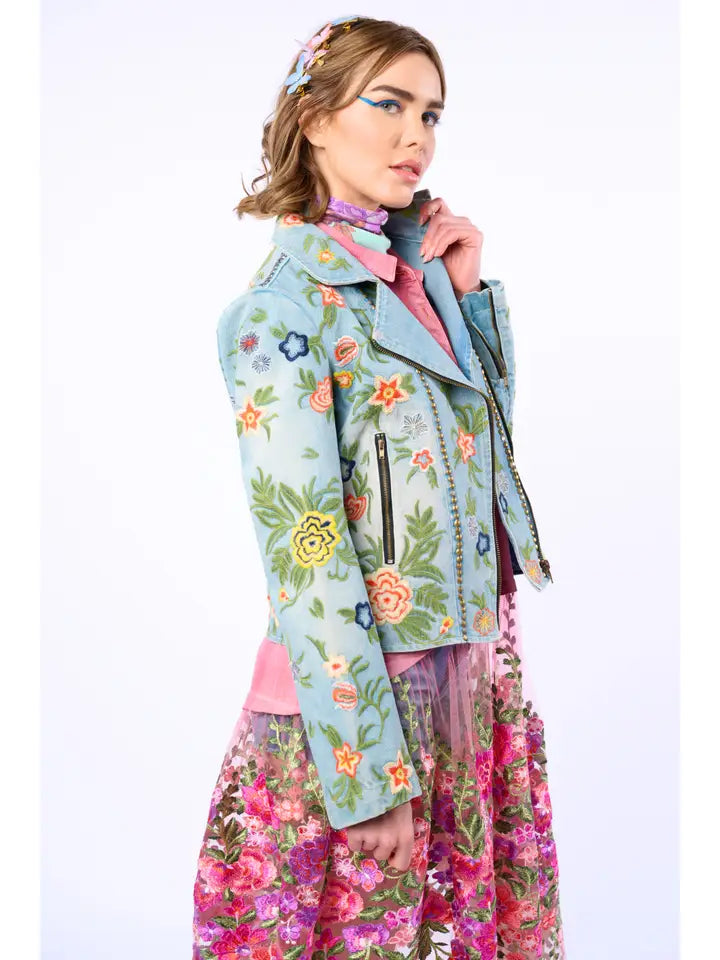 Lucinda Embroidered Denim Motorcycle Jacket by Aratta - Robin Boutique
