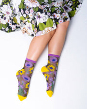Mixed Sunflowers Black Sheer Crew Sock Robin Boutique