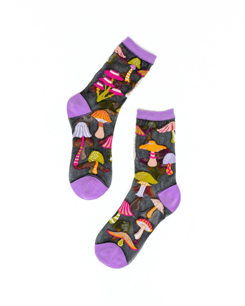 Magic Mushrooms Black Sheer Crew Sock Robin Boutique