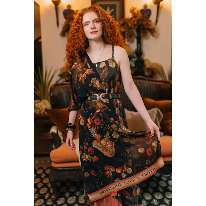 Heart of Gold Scarf with Swallows & Sacred Heart by Market of Stars Robin Boutique