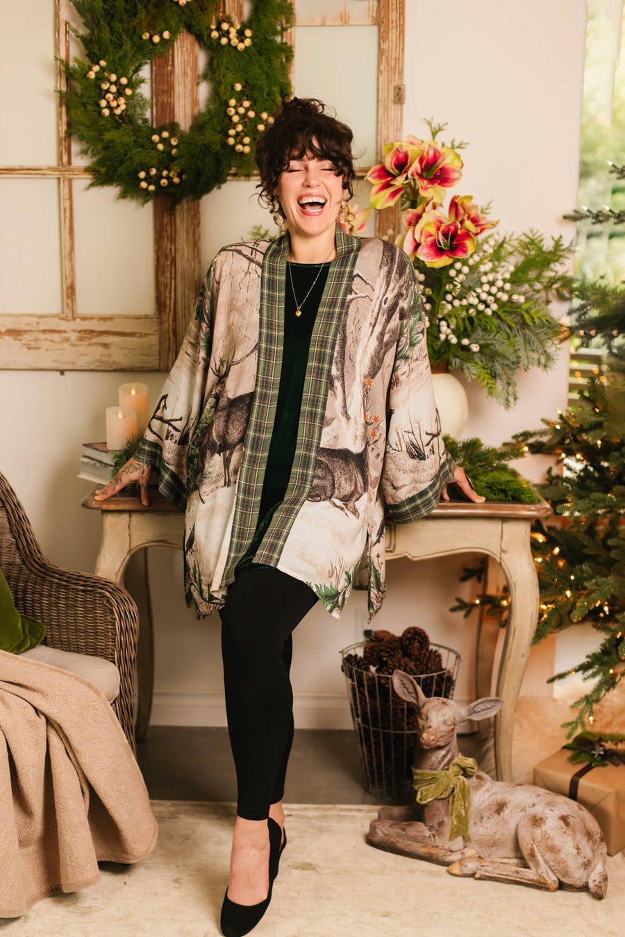 Winter Wish Christmas Plaid Bamboo Kimono Cardigan with Belt