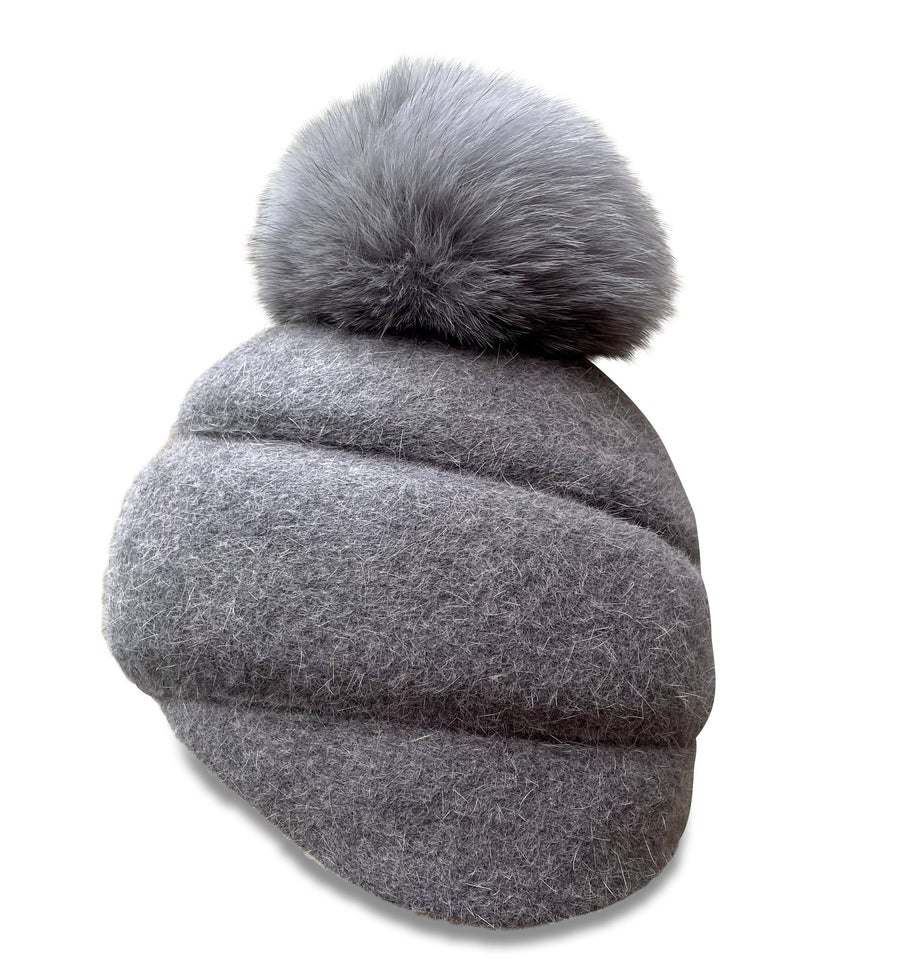 Turban Cap with Fox Pom Pom