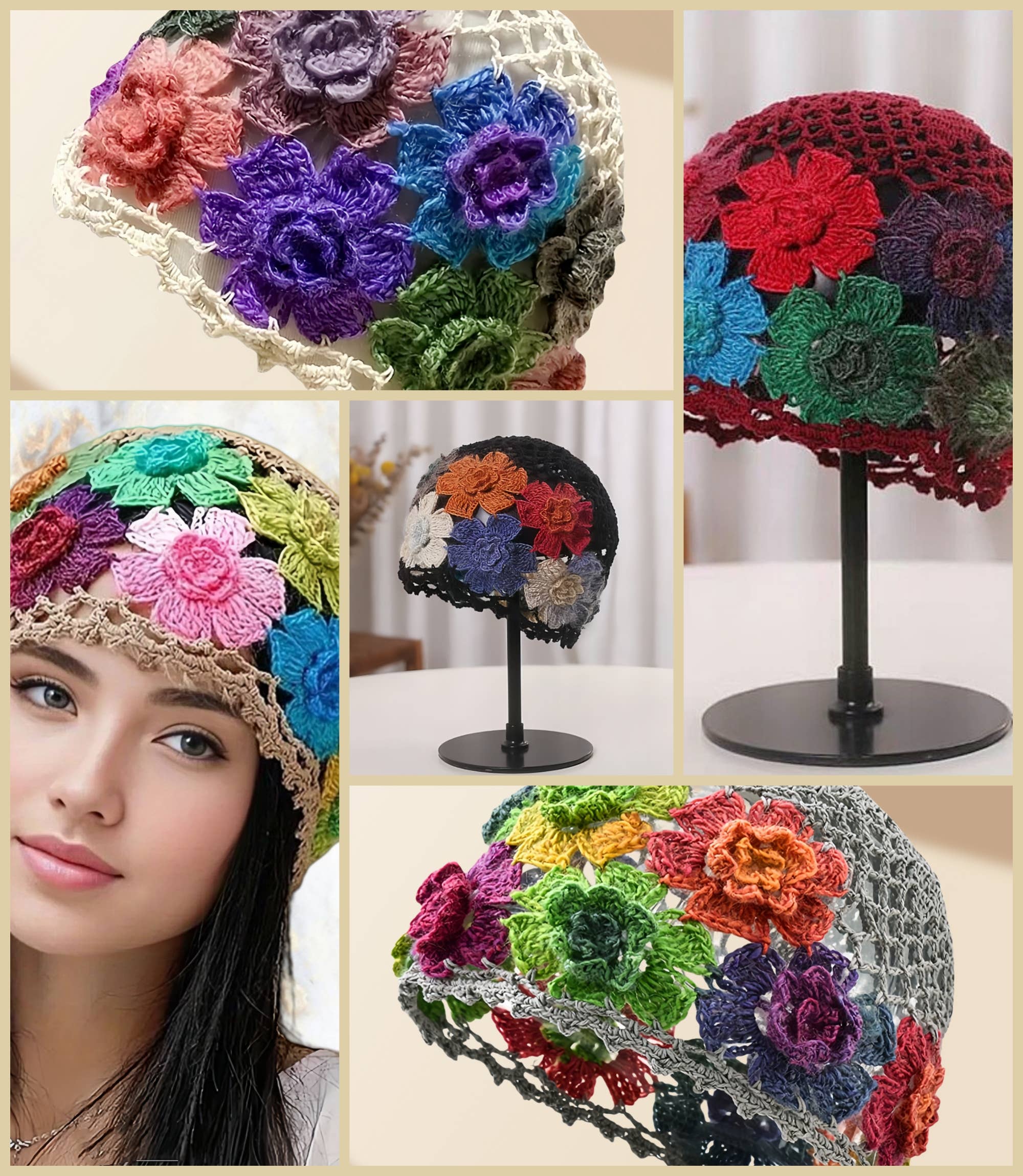 Colorful 3D Vintage Hollow-Out Boho Floral Crochet Beanie Robin Boutique