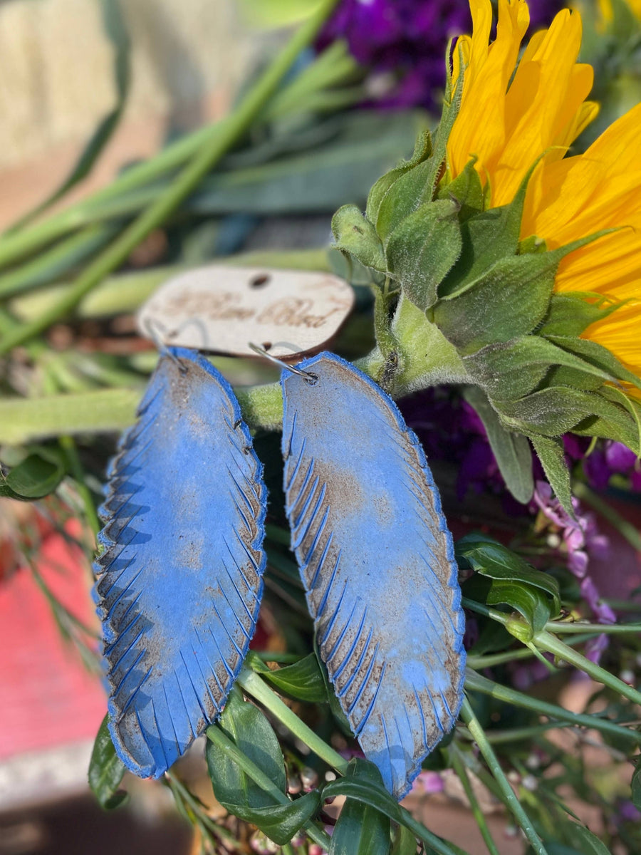 Hand-cut Periwinkle Leather Feather Earrings Robin Boutique