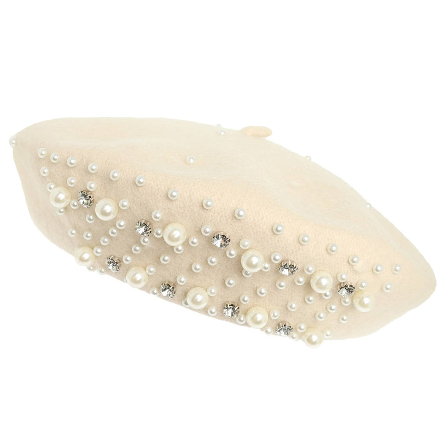 Pearl Rhinestone Embellished Wool Blend Beret Hat