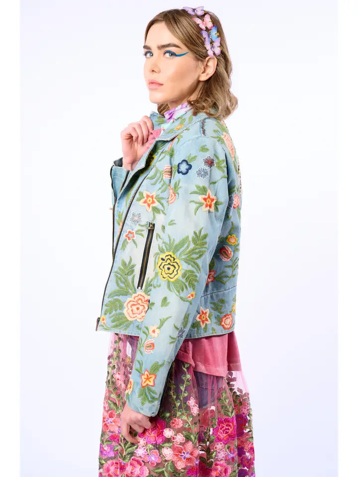 Lucinda Embroidered Denim Motorcycle Jacket by Aratta - Robin Boutique
