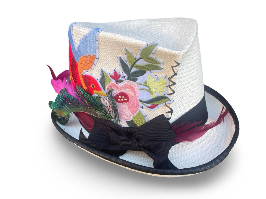 Meadow - Signature Pinch Front Top Hat with feather and bird detail Robin Boutique