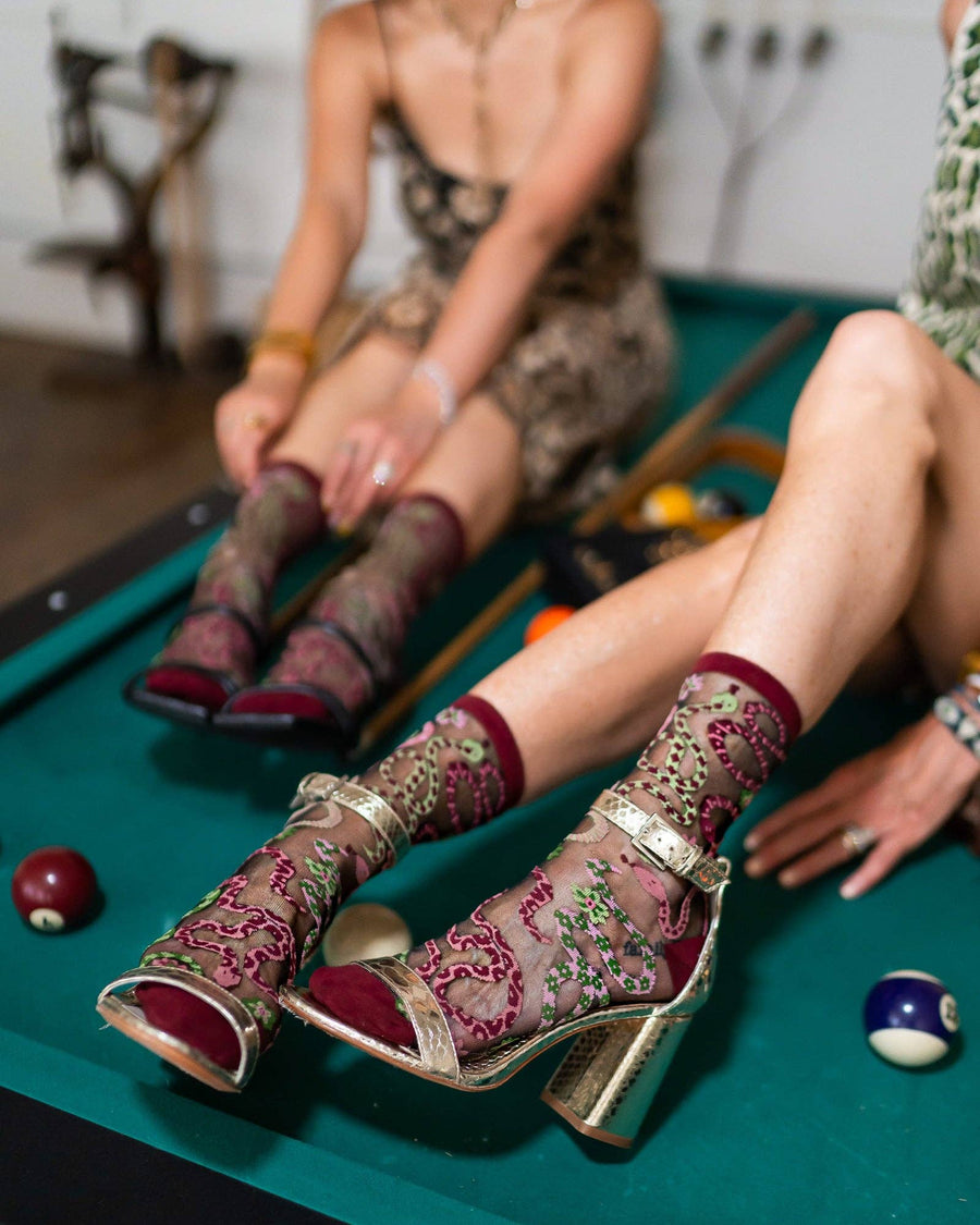 Serpentine Floral Black Sheer Crew Sock Robin Boutique