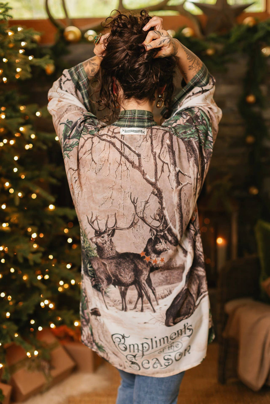 Winter Wish Christmas Plaid Bamboo Kimono Cardigan with Belt