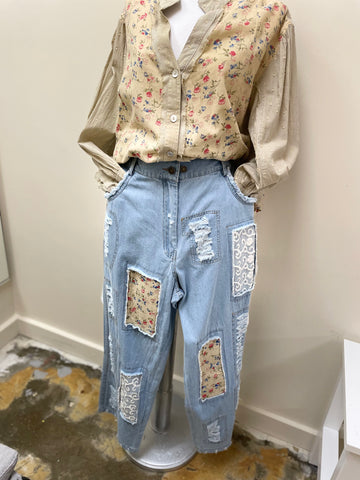 The Paperlace Distressed Floral Patchwork Light Blue Pants PVD-710P - Robin Boutique-Boutique 