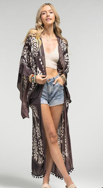 Damask Print Kimono With Sleeves - Robin Boutique-Boutique 