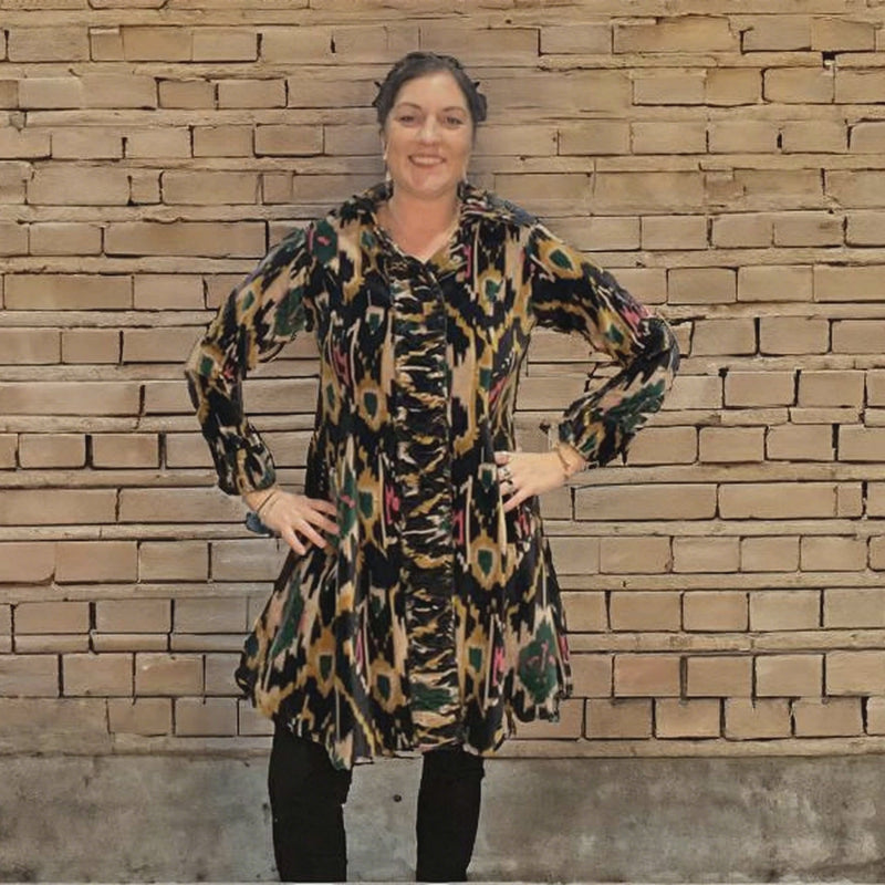 Ikat Velvet Knee Length Jacket by Paper Lace Robin Boutique