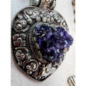 Large Purple Amethist Druzy Heart in Ornate Silver Necklace - Robin Boutique-Boutique 