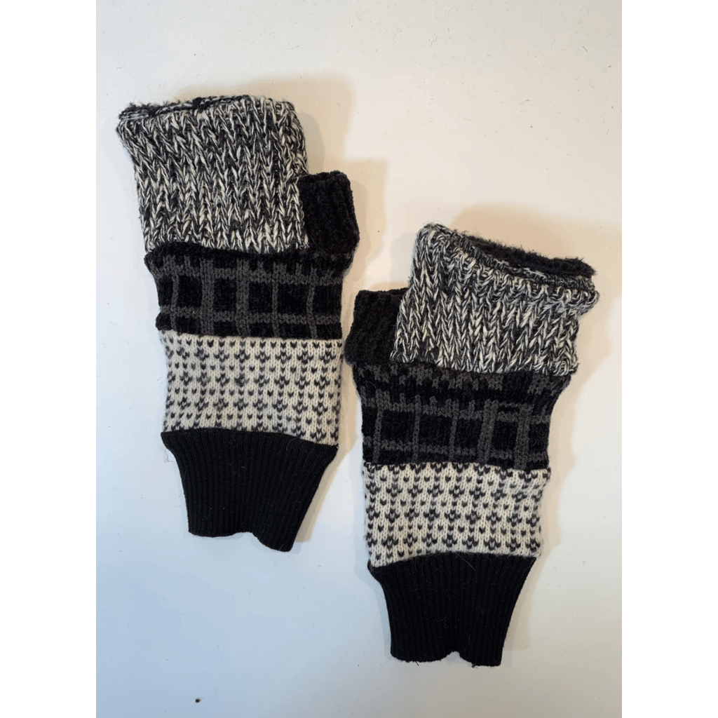 Black n white upcycled sweaters into fingerless patchwork gloves. Great for fun, school, texting, cashiers, wrist warmer,fingers free. - Robin Boutique-Boutique    &.  Reloved Fabrics