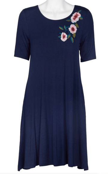 Nina Leonard Short Sleeve Navy Embroidered Jersey Dress - Robin Boutique-Boutique 