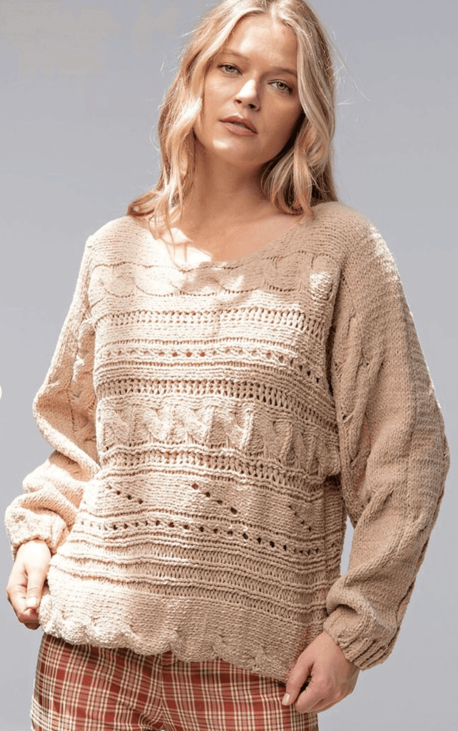 Easel Textured Aran Knit Pullover Long Sleeve Sweater - Robin Boutique-Boutique 