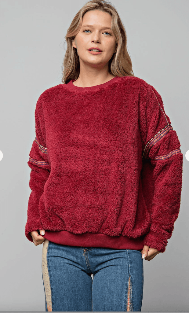 Easel Trimmed Fleece Knit Pullover Top - Robin Boutique-Boutique 