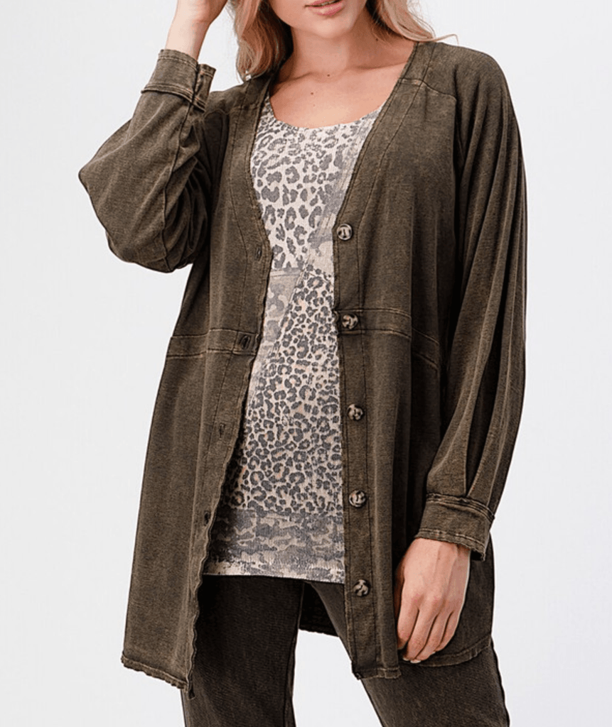 Mineral Wash Long Sleeve Button Closure Jacket - Robin Boutique-Boutique 