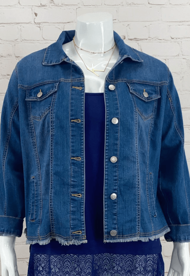 Plus Size Denim Jacket with Frayed Edge - Robin Boutique-Boutique 