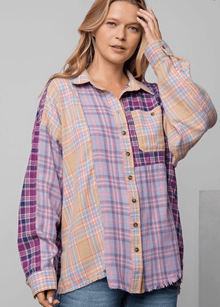 Easel Plus Size PLAID MIX N MATCH BUTTON DOWN SHIRT in Purples - Robin Boutique-Boutique 