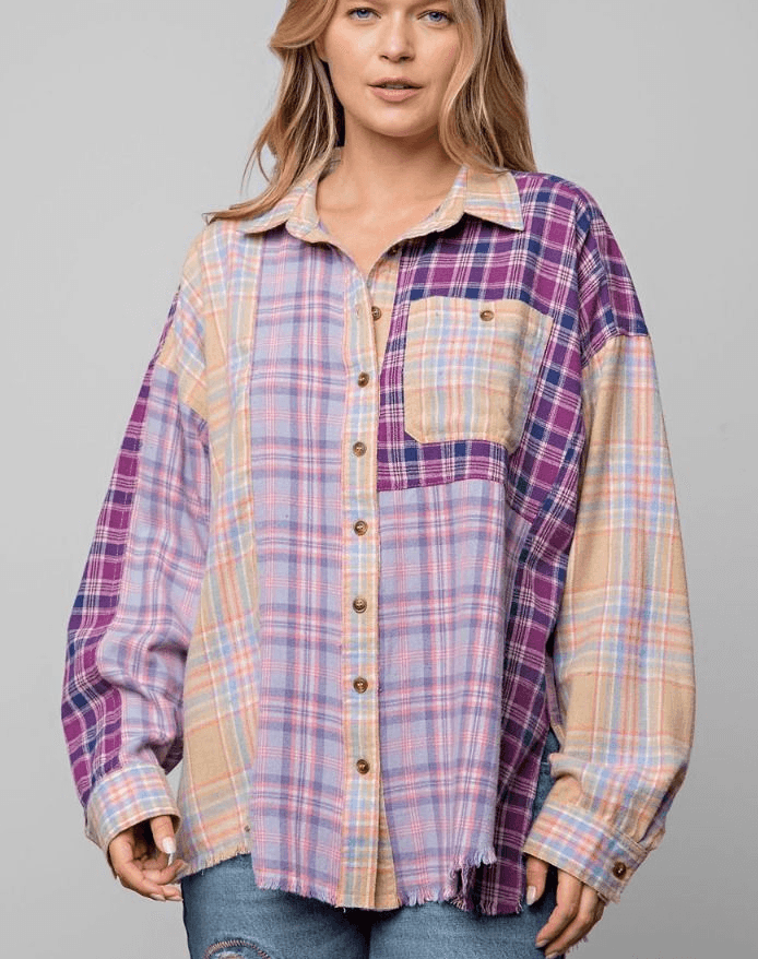 Easel Plus Size PLAID MIX N MATCH BUTTON DOWN SHIRT in Purples - Robin Boutique-Boutique 