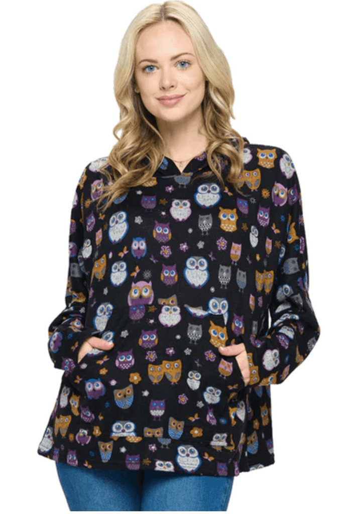 Yak Yeti Hoodie in Fun Black Owl Print Loose Fit 22650 - Robin Boutique-Boutique 