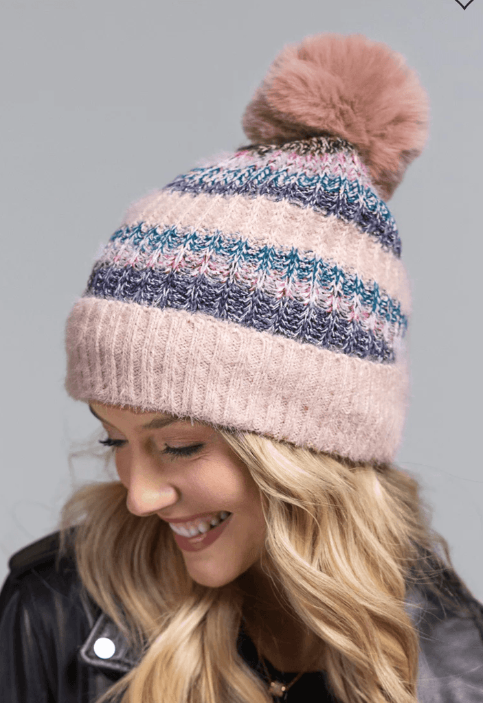 Metallic Striped Pom Pom Knit Hat 5117 - Robin Boutique-Boutique 