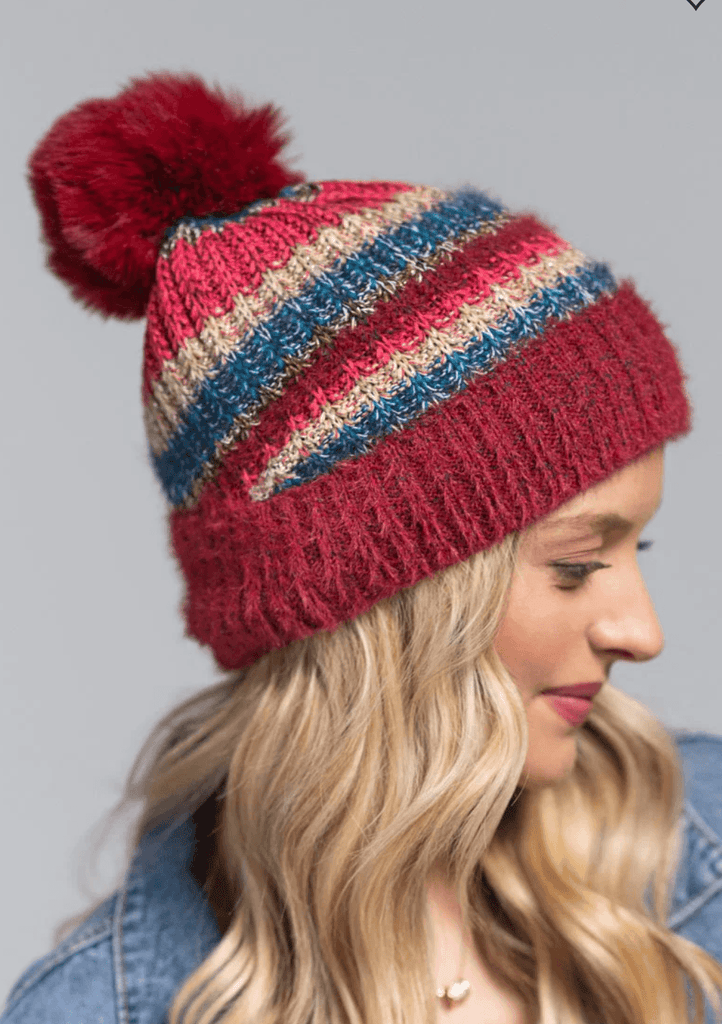 Metallic Striped Pom Pom Knit Hat 5117 - Robin Boutique-Boutique 