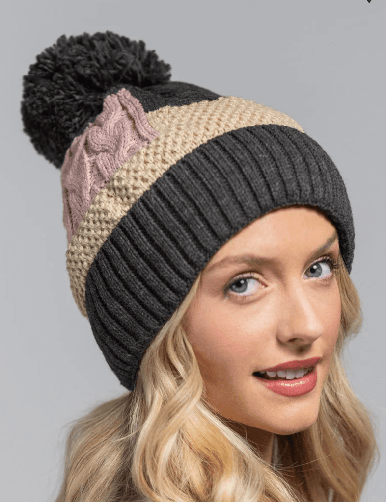 Knit Color Block Beanie Hat with Pom Pom 0046 - Robin Boutique-Boutique 