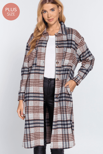 Basic Plus Long Sleeve w/ big Pocket detail plaid jacquard shirt long jacket-J73260 - Robin Boutique-Boutique 