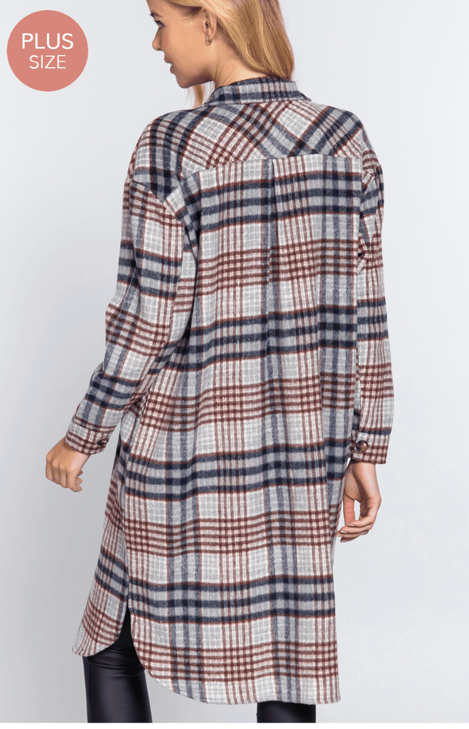 Basic Plus Long Sleeve w/ big Pocket detail plaid jacquard shirt long jacket-J73260 - Robin Boutique-Boutique 