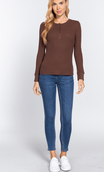 Basic HENLEY long sleeve Cotton Tops $18.00 - Robin Boutique-Boutique 