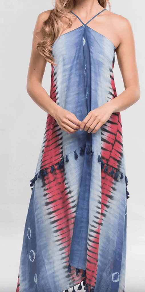 Tie Dye Halter Dress with Tassels and Front Ties. 70465W LS - Robin Boutique-Boutique 