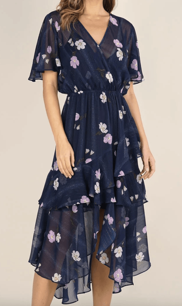 Navy Floral Print dress with ruffles LS 71717WL - Robin Boutique-Boutique 